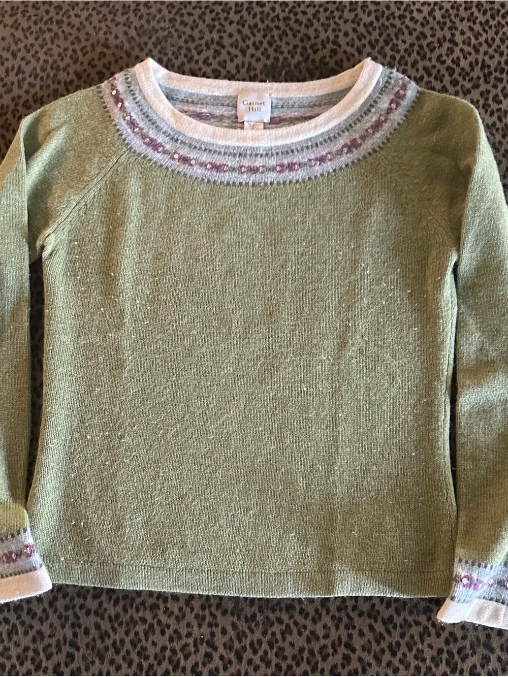 Garnet Hill Mint Green Fair Isle Crewneck Sweater
